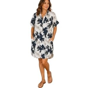 VLT's by Valentina Linen Tunic Shirt Dress Womens M White Tropical Floral Italy